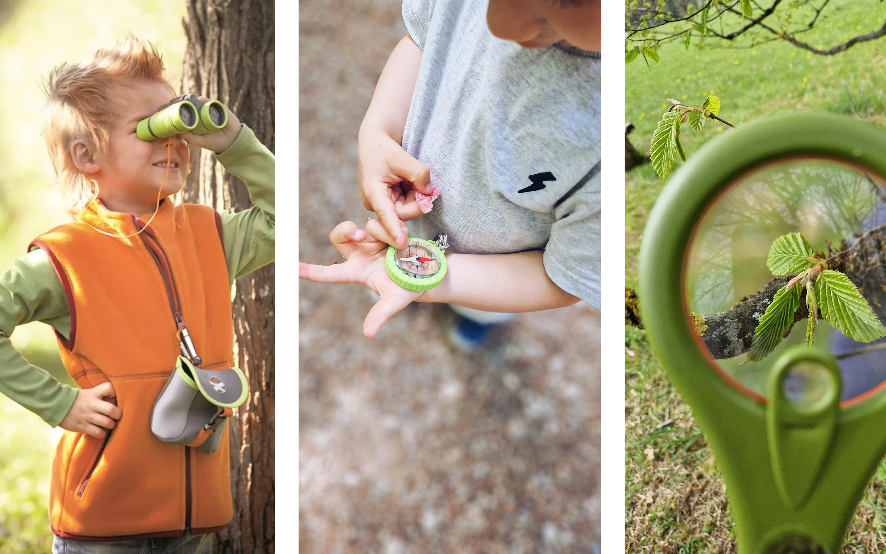 Použite outdoorové hračky, ďalekohľad, kompas, lupu a spojte tieto veci s poznávaním prírody.